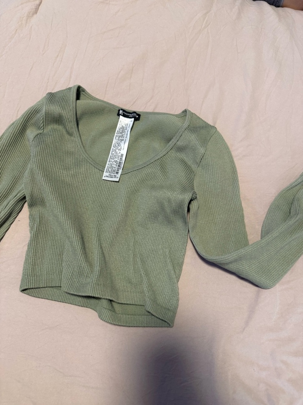 Zara Olive Ribbed Scoop Neck Long Sleeve Top